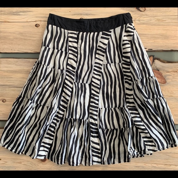 Lil 100% Silk Black And White Lined Striped Zebra Print Midi Skirt - Picture 1 of 11